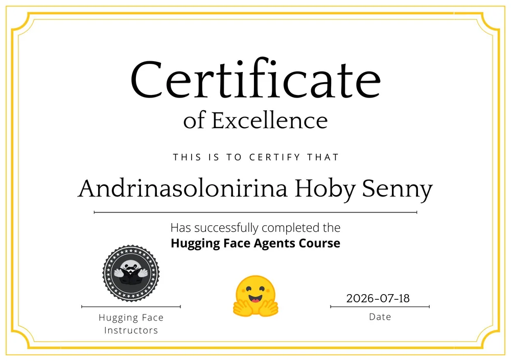 Aperçu de l'attestation Hugging Face AI Agents Course